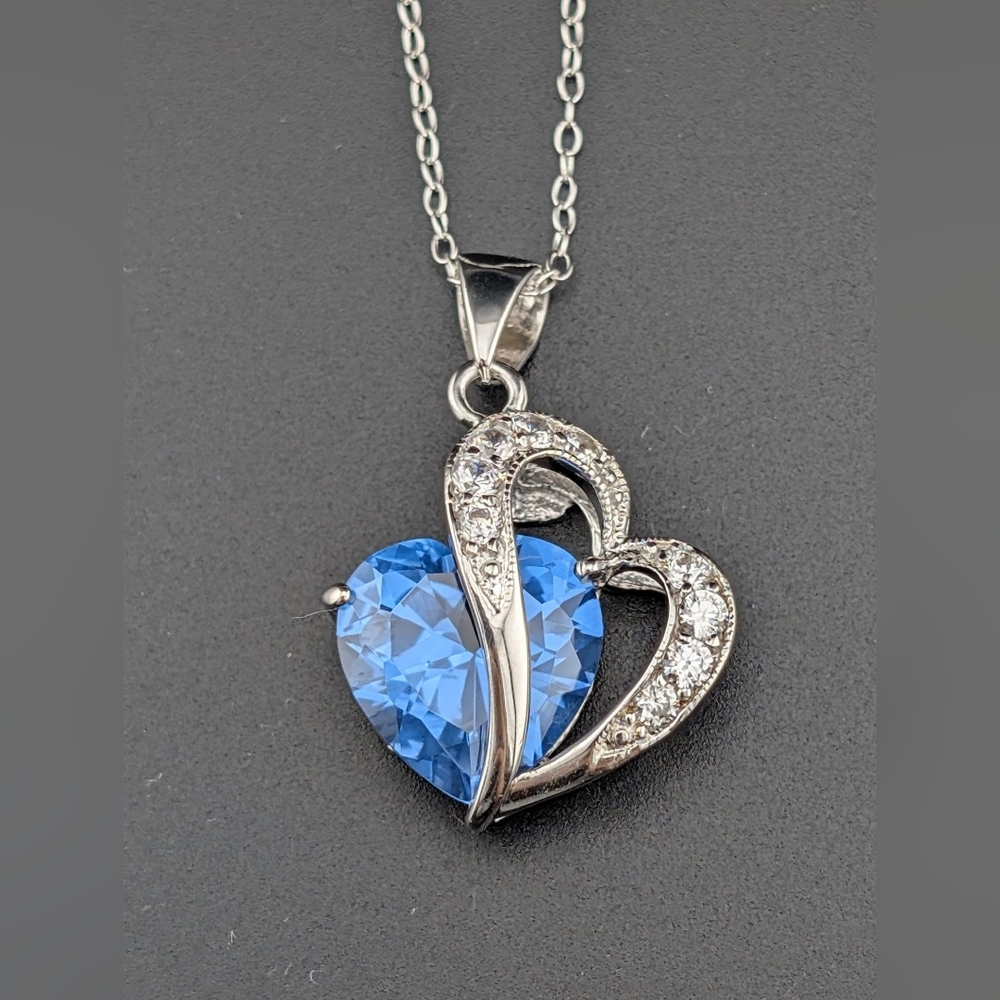 Elegant Sterling Silver Heart-Shaped Blue and Clear Stones Pendant Necklace